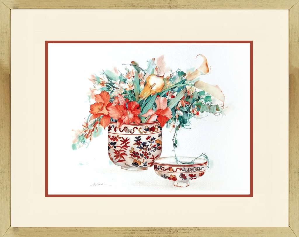 Watercolour Painting of a Peranakan Kat Mau Jar with Flowers